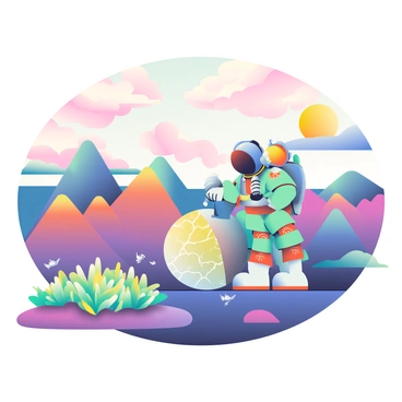 Two astronauts in sleek, reflective space suits are exploring a vibrant alien planet. The terrain is filled with unusual rock formations in hues of purple, blue, and orange. Above them, the sky is a swirling mix of pink and teal clouds, while two suns cast bright light over the landscape. In the foreground, a cluster of luminescent plants with glowing yellow and green tips can be seen. The astronauts are inspecting a large, round alien artifact that has intricate patterns etched on its surface, and small floating creatures with translucent wings are hovering nearby.