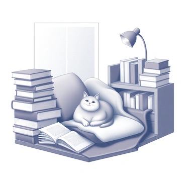 A cat is nestled comfortably in a cozy reading nook. The cat has soft fur and is curled up in a relaxed position. Surrounding the cat, there are stacks of books arranged haphazardly, some open and some closed. A small wooden bookshelf is visible, filled with more books. A plush cushion and a warm throw blanket are placed in the nook, creating an inviting atmosphere. A small lamp is positioned nearby, casting soft light over the scene.
