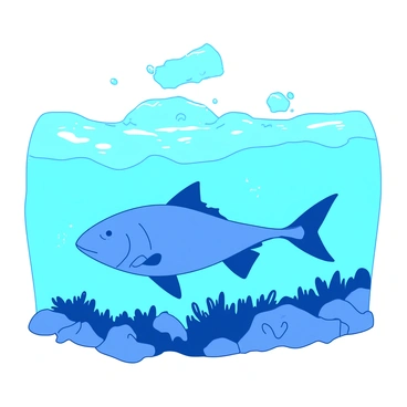 A blue fish is swimming gracefully beneath the icy surface of a turquoise Arctic sea. The water is clear, allowing light to penetrate through the ice, creating patterns of shimmering light on the seafloor. Surrounding the fish, there are small bubbles rising towards the surface, and pieces of ice are floating above, casting shadows in the water. Rocks and algae can be seen on the seafloor, adding texture to the underwater environment.