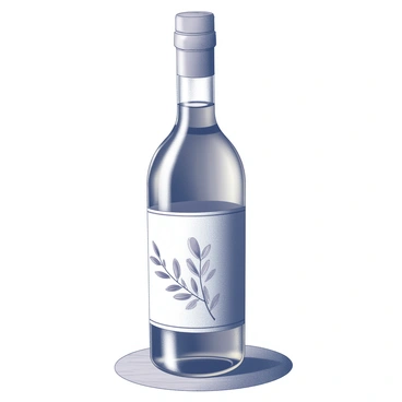 A glass bottle filled with olive oil is positioned upright on a wooden table. The bottle has a sleek, curved shape with a narrow neck and a round base. It features a label that prominently displays an "elegant olive branch design." The olive branch is illustrated with delicate lines and intricate details, creating a sense of sophistication. The bottle’s surface reflects light, adding a glossy sheen. The background is softly blurred, emphasizing the bottle and its artistic label.