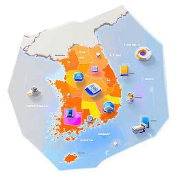 A detailed map of Korea highlighting high-tech industry hotspots. The map features various regions marked with vibrant colors, indicating key areas of technological innovation. Each hotspot is accompanied by illustrated tech icons, such as circuit boards, robotic arms, and computer chips. The map includes labels for major cities like Seoul, Busan, and Incheon, with a clear legend that explains the significance of each icon. Additionally, there are arrows or lines that represent connections between different industry sectors across the country.