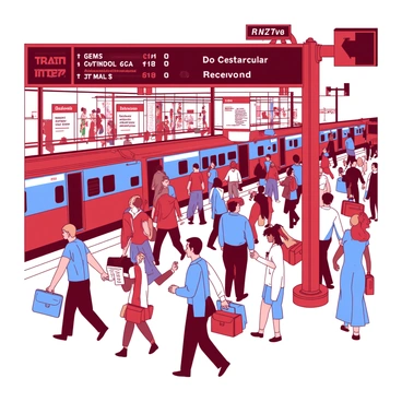 A red Kingston train station is filled with numerous commuters hurrying to board trains and others arriving as they depart. The station is bustling with activity as people of various ages, including men and women carrying bags and briefcases, navigate through the crowd. A large electronic board displays train schedules in bright letters above the platform, while a few benches are occupied by tired travelers waiting for their rides. The trains, painted in blue, stand ready at the platforms, doors open to allow quick boarding and exiting. The atmosphere is lively, with announcements echoing in the background, adding to the sense of urgency in the scene.