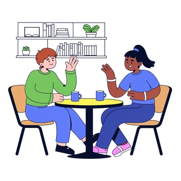 Two people communicating in sign language at a quiet coffee shop