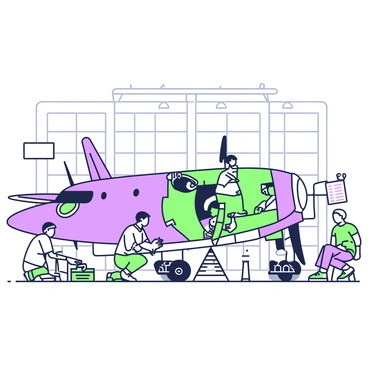 A large airplane inside a hangar undergoing maintenance with mechanics working