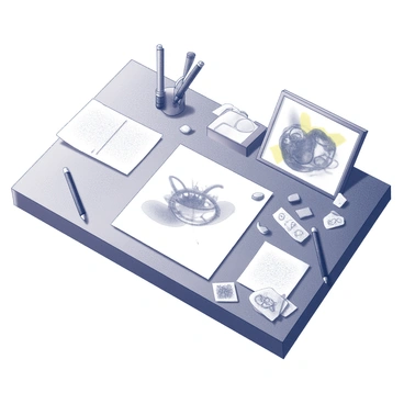 An overhead view of a wooden artist's desk. The desk is cluttered with various drawing tools, including pencils, erasers, and ink pens. On the left side of the desk, a rough draft of an illustration is visible, featuring basic shapes and initial sketches. Moving towards the center, there is a refined version of the illustration, showing more detail and clearer outlines. On the right side, the final piece is displayed, showcasing vibrant details and intricate textures. Scattered around the desk are sheets of paper with doodles and notes, adding to the creative atmosphere.