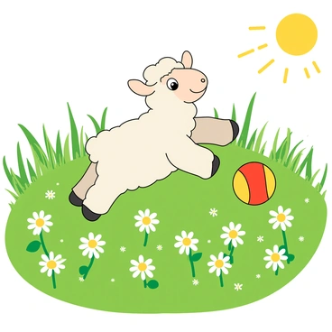 A fluffy white lamb with large, expressive eyes is joyfully playing with a colorful ball in a vibrant green field. The ball is red and yellow, rolling away as the lamb leaps excitedly after it. Surrounding the lamb are numerous white daisies, their cheerful yellow centers contrasting with the lush grass. The sun shines down, creating a bright and lively atmosphere as the lamb frolics among the flowers.