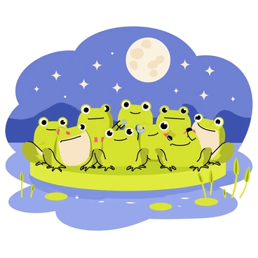 A chorus of frogs gathered on a lily pad, each frog holding a tiny microphone. The frogs are varying shades of green and some have speckles of brown. They are positioned in a semi-circle, facing the viewer, with big, expressive eyes. Above them, a large full moon illuminates the night sky, casting a soft glow on the scene. Surrounding the lily pad are gentle ripples in the water, and a few reeds sway slightly in the breeze. The background features a twinkling starry sky, enhancing the lively atmosphere of the serenade.