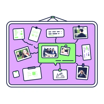 A corkboard is filled with a variety of photos, sketches, and notes. In the center, several photographs are pinned, showcasing different subjects and moments. Surrounding them are hand-drawn sketches illustrating various ideas. Thin strings of different lengths connect these images, creating a web-like structure over the board. Each string connects a photo to a corresponding sketch, indicating relationships between the visuals. The corkboard itself is framed and mounted on a wall, suggesting it's part of a case study presentation.