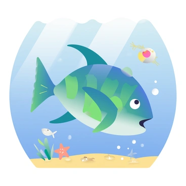 A giant fish with vibrant blue and green scales is gracefully swimming through clear ocean water. Its size is accentuated by a group of tiny sea creatures nearby, including a small jellyfish with a pink bell, a shimmering silver fish, and a delicate sea star with five arms. The sunlight filters down from the surface, creating sparkling patterns on the sand below. The giant fish has an open mouth and a peaceful expression, while the tiny creatures are swimming around it, showcasing the stark differences in scale between them.