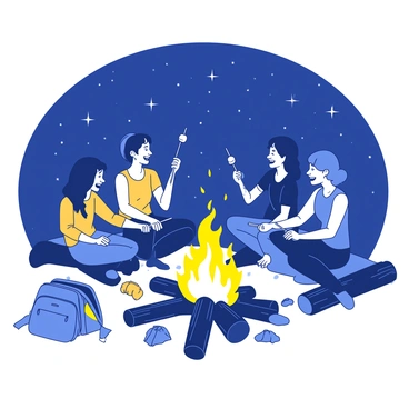 A yellow campfire is crackling with warm flames, surrounded by a group of friends sitting on logs and blankets. Each person is holding a skewer with a marshmallow, carefully toasting it over the fire. Above them, a dark blue sky is filled with sparkling stars, creating a serene atmosphere. The friends are laughing and chatting, their faces illuminated by the flickering light of the fire. Scattered around them are small bags and backpacks, indicating a fun camping adventure.