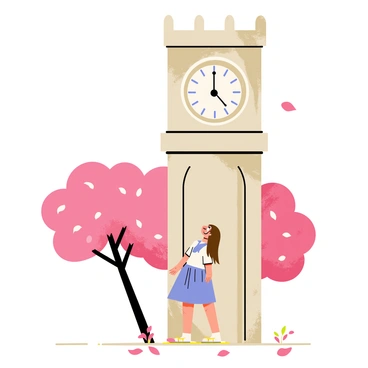 A young girl with long brown hair wearing a light blue dress stands in front of an old clock tower. The clock tower has a weathered stone facade with intricate details, and a large clock face at the top. Surrounding the clock tower are blooming cherry blossom trees, their pink flowers creating a vibrant canopy. The ground is covered with fallen cherry blossom petals, and a gentle breeze causes some petals to swirl around the girl. The girl looks up at the clock tower with a sense of wonder and curiosity.