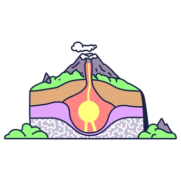 A cutaway view of a volcano reveals its internal structure and magma pathways. The image features the exterior of the volcano with a well-defined peak and a crater at the top. Below the surface, various layers of the Earth are visible, including the crust, mantle, and outer core, each represented with distinct textures. Magma pathways snake through these layers, shown as bright lines connecting the magma chamber to the surface. The surrounding area includes rocky terrain and vegetation at the base of the volcano, emphasizing the contrast between the solid layers and the flowing magma.