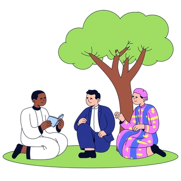 A group of three religious leaders from different faiths is seated in a circle on the grass. One leader, wearing a long white robe, is holding a small book. The second leader, in a dark blue suit with a collar, has a calm expression while listening. The third leader, dressed in traditional colorful attire, is gesturing thoughtfully. Above them, a large green tree provides shade with its thick branches and vibrant leaves. The scene conveys a sense of harmony and mutual respect among the leaders as they engage in dialogue.