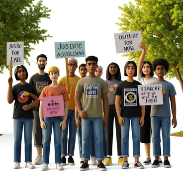 A diverse group of people of various ages and ethnicities stands together in a park. They hold colorful signs that read "Justice for All," "Equality Now," and "Stand Up for Rights." The demonstrators wear casual clothing, with some in t-shirts featuring activist slogans. Around them, trees and greenery provide a natural setting, while the sun casts a warm light on the scene. Some participants smile, while others look determined, creating a sense of solidarity and purpose in the atmosphere.