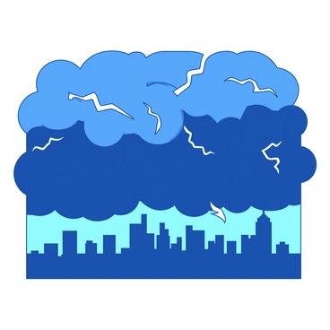 A blue city skyline is under dark and ominous clouds that are gathering overhead. The clouds swirl menacingly, creating a dramatic atmosphere across the scene. Flashes of white lightning cut through the sky, illuminating the edges of the clouds and casting stark shadows on the buildings below. The city appears still, yet charged with anticipation as the storm approaches.