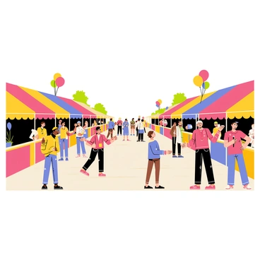 A mural depicting a lively street festival filled with activity. Colorful stalls are set up along the sides, each adorned with bright canopies and displaying various goods. Performers, dressed in vibrant costumes, are seen entertaining the crowd; one is juggling while another plays a musical instrument. Balloons in a variety of colors float above the festival, adding to the cheerful atmosphere. People of diverse backgrounds are gathered, enjoying the festivities and engaging with the stalls. The scene is bustling with energy and excitement, illustrating the joy of the festival.