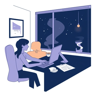 A white office with dark walls is illuminated by a single warm light hanging from the ceiling. A person is sitting at a sleek black desk, focused on a bilan. The person's hands are positioned on the keyboard, and papers are scattered across the desk. A cup of coffee rests beside the computer, steam curling up into the air. The glow from the desk lamp casts a soft light, creating shadows that dance across the room. A large window reveals a starry night sky outside.