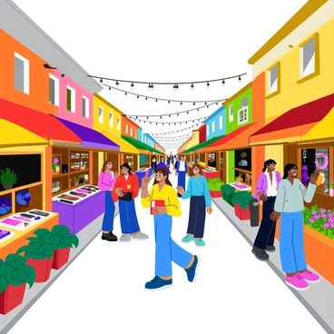 A colorful street market bustling with activity. There are a variety of vintage stalls adorned with bright banners and canopies. Each stall is filled with eclectic treasures, including old records, whimsical trinkets, and unique handmade crafts. People of diverse backgrounds are browsing, chatting, and enjoying the atmosphere. A few stalls have vibrant flowers and handmade jewelry displayed prominently. In the background, there are string lights hanging above, creating a cheerful ambiance. The cobblestone street is lined with potted plants and seating areas where visitors can relax.