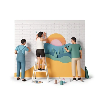 Artists painting a mural on a large brick wall