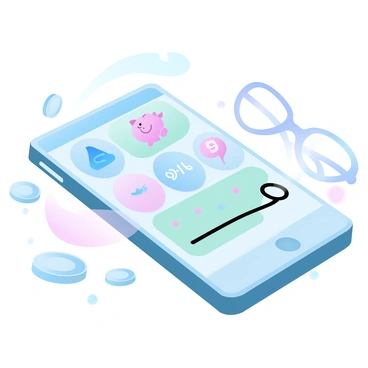A smartphone is lying flat on a smooth surface, showcasing a colorful savings app interface. The screen is filled with vibrant graphics that represent various savings goals, such as a piggy bank, a vacation destination, and a new car. Each goal is depicted with unique icons and symbols, highlighted in bright gradient pastel colors. Surrounding the smartphone are small scattered coins and a pair of glasses, adding a touch of detail to the scene.