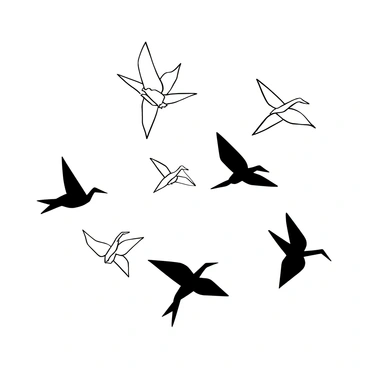 A flock of origami cranes in various sizes, crafted from intricate paper folds, are suspended in mid-air. Each crane is delicately designed with sharp angles and smooth curves, casting distinct shadows on the surrounding space. The cranes are arranged in a dynamic formation, appearing to be in motion as they glide gracefully through the air. The background features a clear sky, providing a stark contrast to the black-and-white illustration of the cranes.