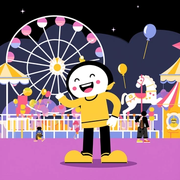 Cuphead, a cartoon character with a round head and a straw on top, is standing in the foreground of a lively carnival at night. The scene is filled with bright, colorful lights illuminating various rides, including a spinning Ferris wheel with glowing seats and a carousel with painted horses. Cuphead has a joyful expression as he interacts with a group of other cartoon characters, some holding cotton candy. Balloons of different shapes and colors float in the air, and the sky is dark, contrasting with the vibrant carnival atmosphere.