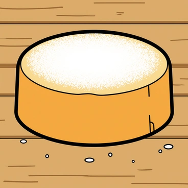 A round sponge cake with a golden-brown exterior is sitting on a rustic wooden table. The cake has a smooth surface, and on top, there is a generous dusting of white powdered sugar, giving it a light, fluffy appearance. The edges of the cake are slightly rounded, and there are small, delicate crumbs scattered around the base. The wooden table has a warm, natural finish, with visible grain patterns that add texture to the scene.