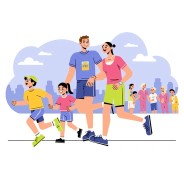 A family of four participating in a fun run event. The parents, a father and a mother, are both wearing colorful athletic clothing and smiling broadly. The father has short brown hair and is wearing a bright blue shirt, while the mother has long black hair and is wearing a pink tank top. They are holding hands. Two children, a boy and a girl, are running alongside them. The boy is wearing a green cap and a yellow t-shirt, and the girl has pigtails and is wearing a purple dress. The background features a clear blue sky with a few fluffy white clouds, and a cheering crowd of spectators in the distance.