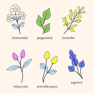 An illustration featuring a collection of various medicinal herbs arranged aesthetically on a light background. Each herb is displayed clearly, with distinct leaves and stems. The herbs include "chamomile," known for its soothing properties, "peppermint," used for digestion, "lavender," recognized for relaxation, and "ginger," valued for its anti-inflammatory effects. Each herb is accompanied by a label detailing its use, written in a simple, clear font for easy readability. The overall composition is clean and organized, emphasizing each herb's unique characteristics.