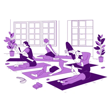 A bright studio features several individuals engaged in a yoga class. Each person is performing "Russian twists" on their yoga mats. The walls are painted in a soothing color, and large windows allow natural light to flood the space. The participants are in various stages of the twist, with some looking focused and others smiling. In the background, there are potted plants placed strategically, and soft mats are spread out across the wooden floor. A few yoga props like blocks and straps are neatly arranged nearby.