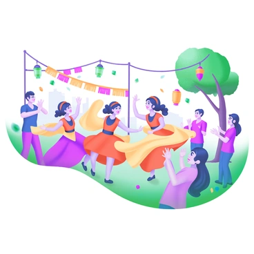 An illustration showcasing a lively cultural festival scene. In the foreground, a group of dancers wear "vibrant costumes" with a variety of colors including reds, yellows, and blues. The dancers are engaged in an energetic dance, with "flowing fabrics" swirling around them. In the background, there are "decorative banners" and "colorful lanterns" hanging from trees, adding to the festive atmosphere. Spectators are gathered, clapping and cheering, with smiles on their faces as they enjoy the performance. The ground is covered with "colorful confetti" that adds to the celebratory feel of the event.