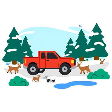 A red truck driving on a snowy woodland path. The truck has large, rugged tires kicking up snow as it moves. Tall pine trees with snow-covered branches line the path, creating a picturesque winter scene. A family of deer can be seen to the side, watching the truck curiously. A few birds sit on the branches above, and there are patches of snow on the ground, interspersed with evergreen bushes. The atmosphere is quiet and peaceful, highlighting the beauty of the winter landscape.