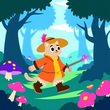 A small, anthropomorphic cat dressed in a bright orange tunic and a wide-brimmed hat adorned with a feather is seen walking through a mystical forest. The trees around him have trunks that are twisted and gnarled, their leaves illuminated with a soft, glowing light in shades of blue and green. The forest floor is carpeted with vibrant, oversized mushrooms and delicate flowers that have luminescent petals. Puss in Boots carries a tiny sword at his side and has an adventurous expression as he looks around, taking in the enchanting surroundings. Sunlight filters through the canopy, creating magical patterns on the ground.