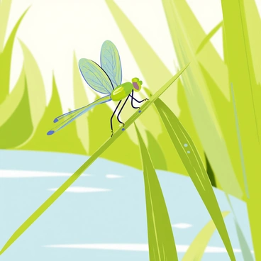 A close-up of a "dragonfly" with vibrant green and blue iridescent wings resting on a slender "reed" in a lush "marsh." The "dragonfly" showcases intricate patterns on its wings, while its body glistens under the sunlight. The background features tall green grasses and soft reflections of water, creating a serene habitat for the "dragonfly." Droplets of water can be seen on the reed, emphasizing the fresh environment of the marsh.