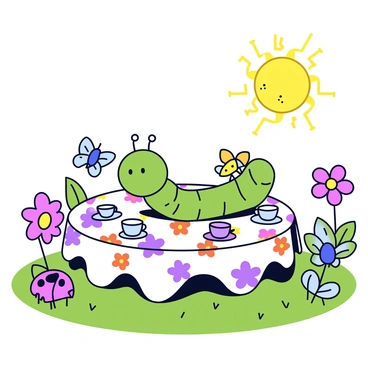 A tiny caterpillar sits at a small round table set for a tea party in a garden. The table is covered with a colorful floral tablecloth. Around the table, there are various insects, including a ladybug, a butterfly, and an ant, all enjoying the gathering. Each insect has a tiny teacup in front of them. The sun shines brightly, casting cheerful shadows on the ground, surrounded by vibrant flowers and lush green grass.