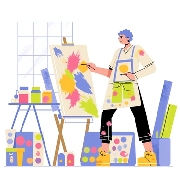 An artist is working at a large easel in a bright studio filled with various art supplies. The easel holds a canvas splashed with vibrant colors, showcasing a blend of paints. The artist, wearing a paint-splattered apron, is applying different textures using tools like sponges and brushes. Surrounding the artist are jars filled with paint, rolls of textured paper, and a palette with an array of colors. Sunlight streams through a nearby window, illuminating the creative process.