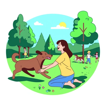 A brown dog with a wagging tail and bright eyes is running excitedly towards its owner in a green park. The owner, a young woman wearing a yellow shirt and blue jeans, is kneeling with arms open wide, ready to embrace the dog. Surrounding them are tall trees with lush green leaves and a few colorful flowers scattered on the grass. In the background, there are other people walking their dogs and children playing, adding to the vibrant atmosphere of the park. The sun is shining down, illuminating the joyful scene.