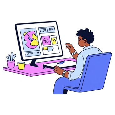 A designer is sitting at a desk with a sleek computer monitor displaying a vibrant vector illustration. The designer uses a pen tablet, with a stylus resting on the tablet's surface. Various digital tools are open on the screen, including color palettes and shape options. The workspace has a minimalist design, with a few neatly organized stationery items and a potted plant on the side. The designer is focused, with one hand on the tablet and the other gesturing towards the screen.