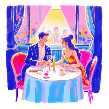A couple is seated at an elegantly set dining table in a restaurant. The table is adorned with a crisp white tablecloth, polished cutlery, and delicate glassware. A single candle flickers in the center of the table, casting a warm glow. The couple consists of a man in a tailored suit and a woman wearing a beautifully designed evening dress. Above them, a spotlight creates a focused beam of light, highlighting their intimate conversation. In the background, there are softly blurred silhouettes of other diners and soft decorations that enhance the elegant atmosphere.
