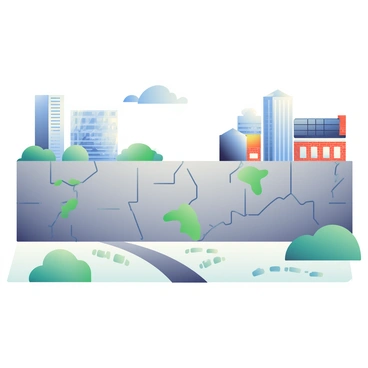 A large, imposing wall labeled "Trade Barrier" is situated between two distinct cities. The wall is made of gray stone, with visible cracks and patches of moss. On one side of the wall, the city has modern skyscrapers with glass facades reflecting sunlight, while the other side features traditional buildings with red brick and tiled roofs. There are signs of various paths leading to the wall, showing footprints and tire tracks. Above the wall, a clear blue sky stretches out, with a few fluffy clouds floating by.