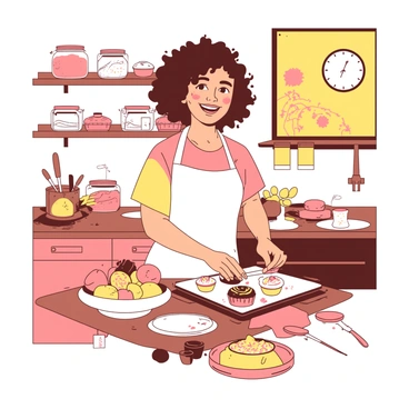 A cheerful baker with curly hair is decorating pastries on a wooden countertop in a warm kitchen filled with soft light. The baker is wearing a white apron and has a big smile on their face. Around them, various pastries are neatly arranged, each one adorned with colorful icing and sprinkles. In the background, there are shelves filled with baking tools, jars of ingredients, and a vintage clock on the wall. A bowl of fresh fruits sits next to the baker, adding to the inviting atmosphere of the kitchen.