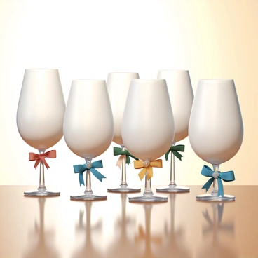 A collection of five elegant wine glasses, each uniquely shaped and made of crystal-clear glass. The glasses are decorated with various colorful ribbons, including red, blue, green, and gold, tied around the stems in delicate bows. Some glasses feature festive embellishments such as small ornaments and gleaming sequins attached to the ribbons. The collection is arranged on a polished wooden surface, with soft light reflecting off the glass surfaces, creating a warm and inviting atmosphere.