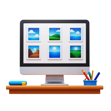 A computer screen displaying a digital artist's portfolio. The screen features multiple thumbnails of artwork arranged in a grid layout. Each thumbnail presents a different piece, showcasing a variety of styles and colors. The background of the computer screen is minimalist, allowing the artwork to stand out prominently. The desk beneath the computer is wooden with a few art supplies scattered around, adding a touch of personalization to the workspace.