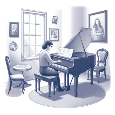 A musician sits at an old, grand piano, with their fingers gracefully dancing over the keys. The parlor is adorned with vintage furniture, including an intricately carved wooden chair and a small round table with a lace tablecloth. The walls are decorated with sepia-toned photographs in ornate frames, capturing moments from the past. A plush rug lies on the wooden floor, and a large window allows soft, natural light to filter through, casting gentle shadows throughout the room. The musician is focused on their performance, creating an atmosphere of nostalgia and elegance.