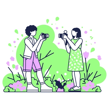 Two photographers are positioned in a lush park, surrounded by trees and vibrant flowers. Each photographer is focusing on the other, capturing portraits with their cameras. The first photographer has curly hair and is wearing a light-colored shirt and denim shorts, while the second photographer has straight hair and is dressed in a patterned dress. In the background, there are various shades of green foliage and colorful blooms that add depth to the scene. The sunlight filters through the leaves, creating dappled patterns on the ground. Each photographer is poised, ready to click the shutter at the perfect moment.