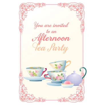 A vintage tea party invitation is elegantly designed with intricate "lace" borders adorning the edges. In the center, delicate "doilies" are placed under an array of "antique china" teacups and saucers that display floral patterns. A gracefully scripted text reads "You are invited to an afternoon tea party" in a soft, muted color. The background features gentle pastel hues that enhance the vintage charm. A small, decorative teapot is illustrated to the side, adding to the overall theme of the tea party.