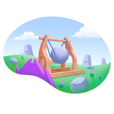 A medieval catapult is positioned prominently in the foreground, crafted from sturdy wood with intricate carvings. The catapult is fully loaded, featuring a large, round boulder resting securely in the sling, ready for launch. Behind the catapult, a grassy landscape stretches into the distance, dotted with scattered stones and tufts of wildflowers. A clear blue sky overhead adds to the scene, with a few fluffy white clouds drifting by.