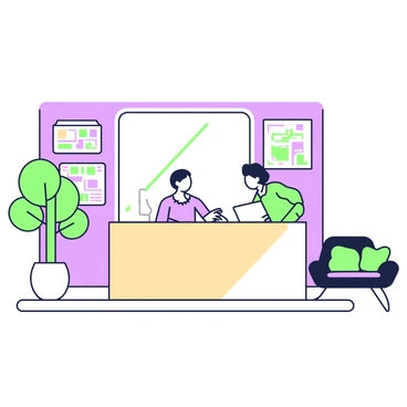 The reception area of the Illustration Agentur Mannheim features a modern design with sleek furniture. A large desk made of light-colored wood occupies the center, behind which a receptionist is seated, engaging with visitors. The walls are adorned with vibrant pieces of art, showcasing various illustrations in dynamic frames. To the left, a tall potted plant adds a touch of greenery. On the right, a comfortable seating area with green and purple cushions offers a welcoming space for clients. Natural light streams in through a large window, illuminating the artistic ambiance of the space.