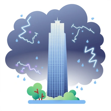 A tall skyscraper made of glass and steel stands prominently against a dark, stormy sky. Surrounding the building, electric field lines are illustrated, radiating outward in various directions, depicted as glowing blue and purple lines. Dark clouds swirl ominously above, with flashes of bright white lightning illuminating the scene intermittently. Raindrops cascade down around the base of the skyscraper, creating a reflective pool of water, while gusts of wind cause nearby trees to bend and sway. The atmosphere is charged, highlighting the electric energy in the air.