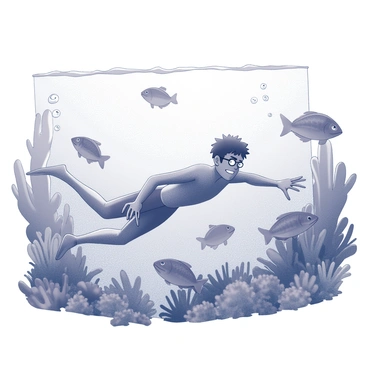 A figure in a dynamic swimming pose is submerged underwater. The character has a determined expression as he propels himself through the water. Surrounding him are various species of fish, each displaying unique shapes and patterns. Coral reefs create an intricate backdrop, with various textures and forms that enhance the underwater scene. Bubbles are rising around him, adding to the sense of movement in the water. The play of light through the water creates a sense of depth and dimension in the scene.
